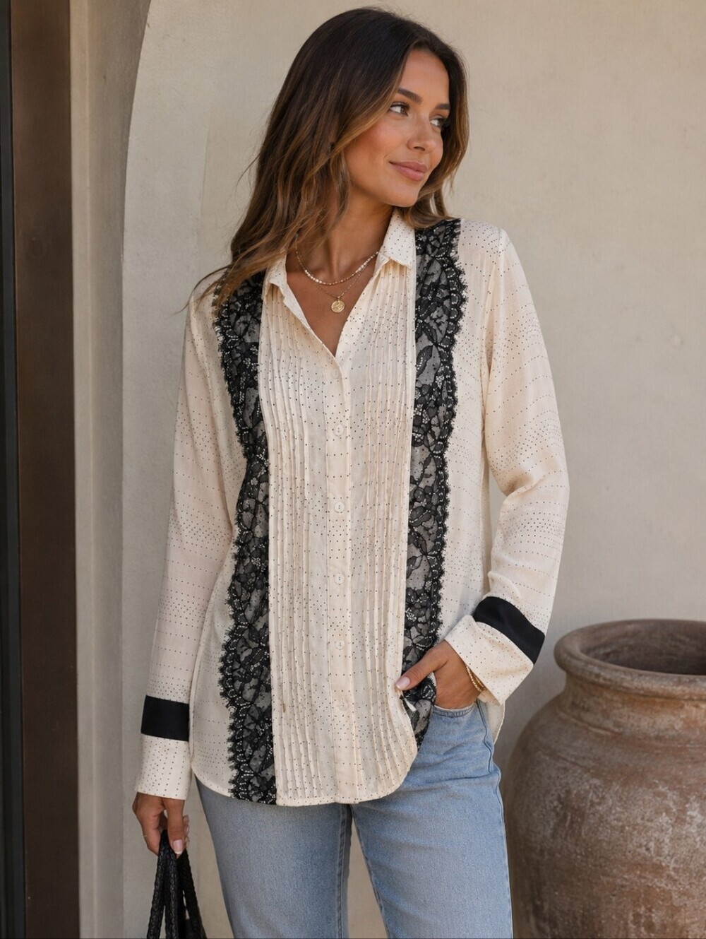 Freeway Blouse M Sheer Polka Dot Lace Trim Button Front Boho Top